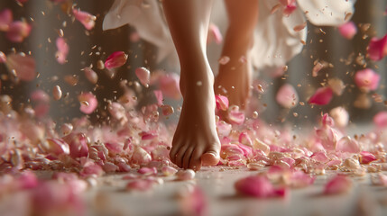 Feet walking on rose petals woman barefoot beauty wellness relaxation