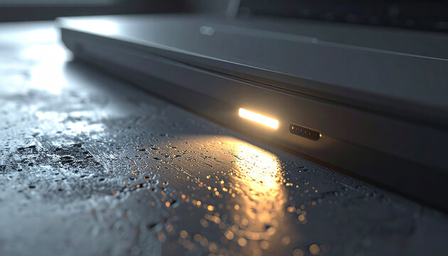 Laptop Power Indicator: Close-up shot of a laptop with its power indicator illuminated, showing a state of readiness or activity, resting on a textured surface. 