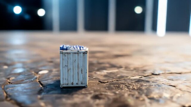 Small container on concrete floor with blue items top miniature shipping concept