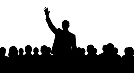 A silhouetted speaker with a raised hand addresses a crowd