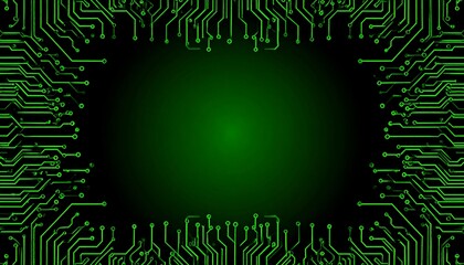 A dark green and black rectangular frame of electronic circuit patterns encloses a dark green space