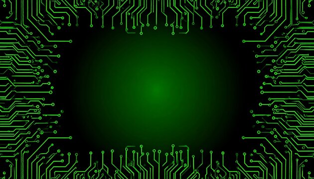 A dark green and black rectangular frame of electronic circuit patterns encloses a dark green space