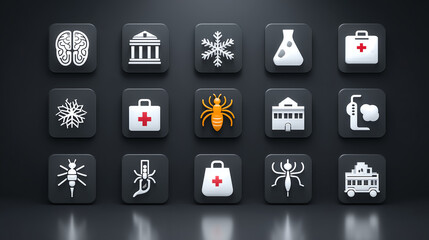 Collection of science and medical icons on rounded square buttons set