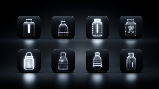 Creative luminous bottles containers icons set design concept art idea