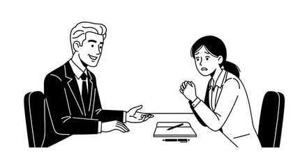 A man in a suit smiles, gesturing while a woman in a suit looks worried at a table