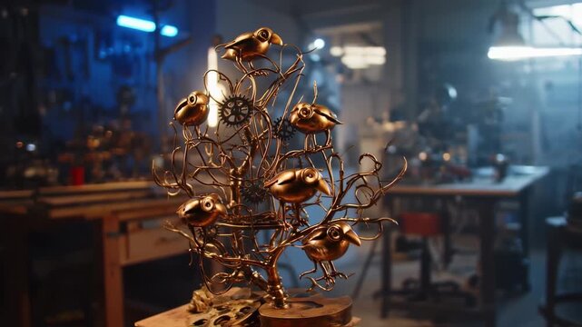 Artisan's metallic aviary creation: Sculpted birds perched on a gear-laden tree