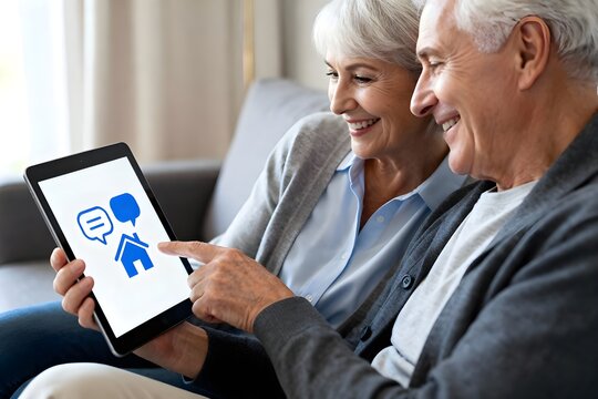 Altersfotografie & Technologie: Digitale Teilhabe im Alter: Älteres Ehepaar nutzt Tablet für Online-Banking oder Videoanruf zu Hause - Powered by Adobe