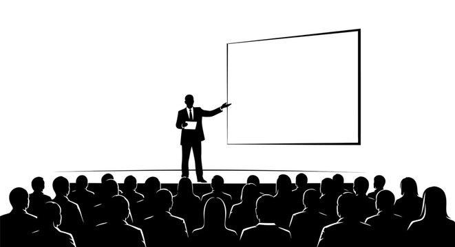 A speaker presents to a silhouetted audience in front of a blank projection screen