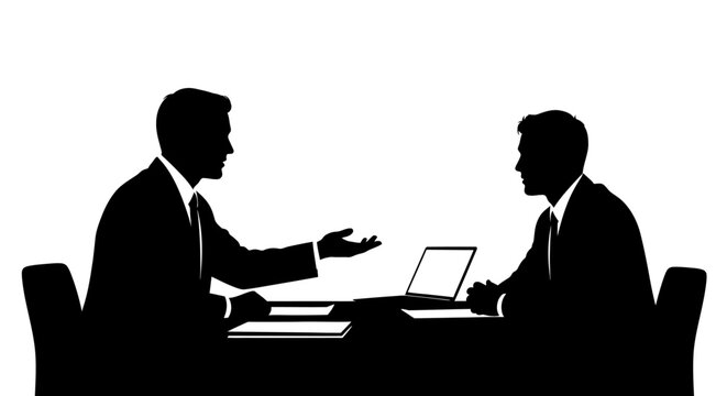 Two businessmen in silhouette have a discussion around a desk with a laptop