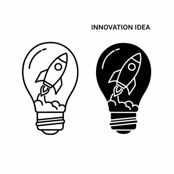 Innovation idea concept with a rocket launching inside a lightbulb icon set.