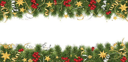 Vibrant festive border featuring lush green fir branches adorned with shimmering golden stars, bright red berries, and elegant curling ribbons, perfect for holiday greetings and seasonal designs