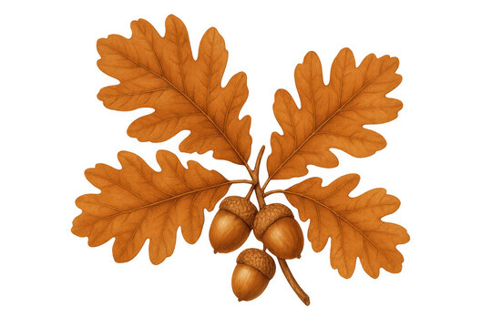 Autumn oak branch with golden yellow leaves and ripe brown acorns on a transparent background - Powered by Adobe