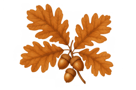 Autumn oak branch with golden yellow leaves and ripe brown acorns on a transparent background