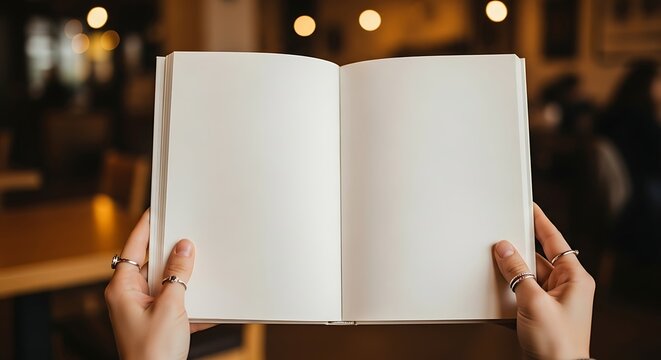 Open Blank Book Held by Hands with Rings in Warm Light Restaurant - Powered by Adobe