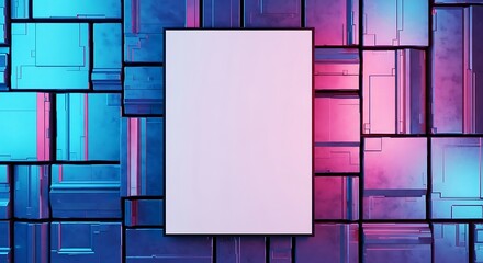 White Rectangle on Abstract Patterned Blue Background with Pink Lighting