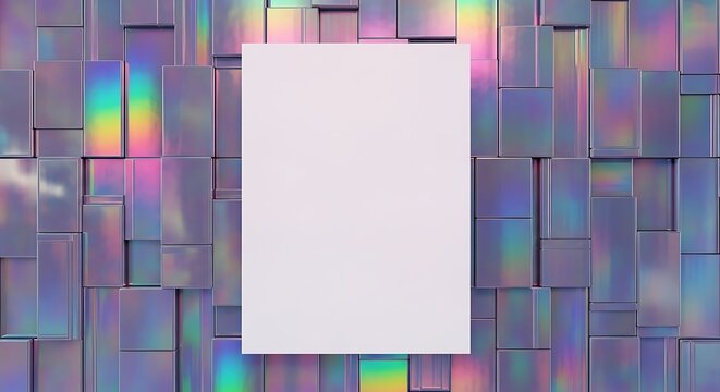 Abstract White Square on Iridescent Cubes Background, Holographic Texture