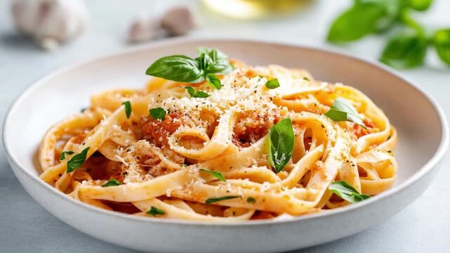 Appetizing Pasta Dish: A close-up view of a freshly made pasta dish, meticulously arranged and garnished with fresh basil leaves. The inviting composition promises a burst of culinary delight.