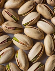 Close-up of numerous pistachios with shells, some slightly open, revealing the green nut inside, arranged in a scattered pattern.
