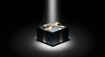 A beautifully wrapped gift box with a ribbon and bow, illuminated by a spotlight against a dark background, creating a sense of anticipation and celebration