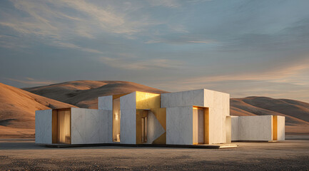 Elegant contemporary home design amidst arid hills bathed in golden hour light