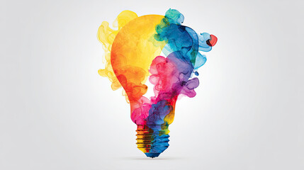 Vibrant abstract light bulb shape bursting with colorful ink clouds, symbolizing innovative