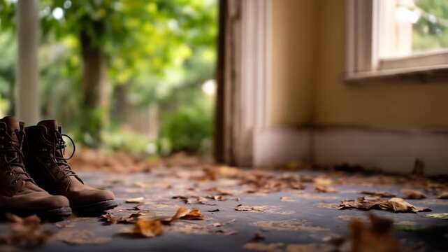 Two boots leaning against a wall surrounded by dry leaves autumn concept