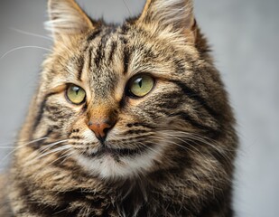 Close-up portrait of a beautiful domestic tabby cat with striking green eyes looking intently to the side.