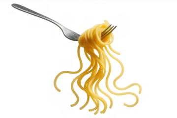 Spaghetti noodles twirling on a fork, preparing a classic italian pasta meal, transparent cutout background