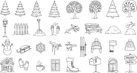 Fototapeta premium Detailed line art doodle set of winter and Christmas elements, featuring trees, snowman, clothes, snow, and various seasonal objects.