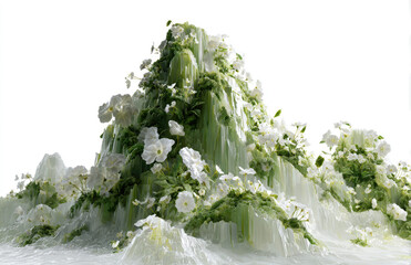 Ethereal Crystalline Mountainscape with Delicate White Blooms and Lush Green Foliage.