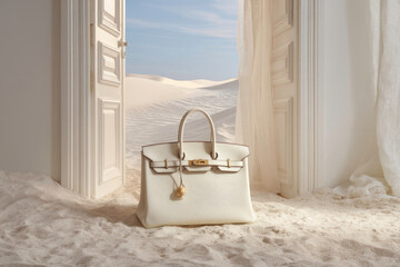 Elegant white handbag stands at an open doorway to a serene desert.
