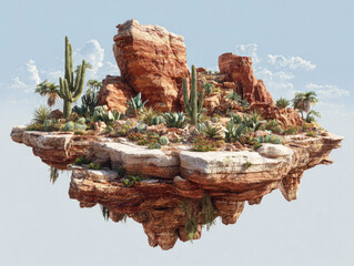 Surreal floating island landscape with desert plants and weathered rocks.