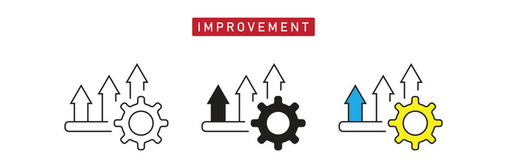 Continuous Improvement Icon: Gear with Upward Trend Arrows, Growth and Progress Symbol.