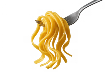 Fresh fettuccine pasta twirling on a metal fork, ready for eating, traditional italian cuisine on transparent background