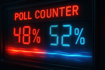 Fototapeta premium Poll counter display showing voting results with red and blue digital numbers indicating percentages in modern electronic scoreboard style, dynamic and clear