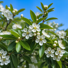 Naklejka premium The buds of Pyracantha are serrated, Nepalese hawthorn with white flowers. Beautiful spring flower background, selective focus