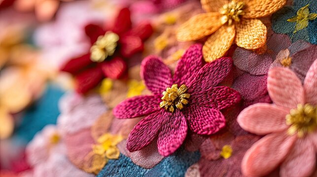 Close-up of vibrant, handcrafted fabric flowers in various colors and textures.