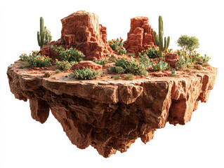 Floating desert island landscape with vibrant cacti and arid rock formations