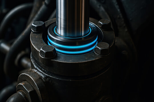 Hydraulic piston with glowing blue seal rings and metal bolts in industrial machinery, showing power and precision in mechanical engineering