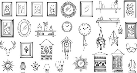 Hand-drawn sketch collection of home decor items. Detailed illustrations of wall art, frames, mirrors, clocks, shelves, lamps, plants, macrame, and decorative objects for interior design.