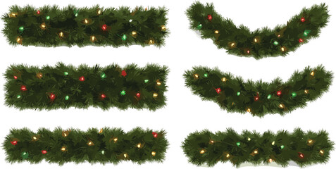 A vibrant collection of festive Christmas garlands featuring sparkling red, green, and golden lights, ideal for holiday season decorations, graphic design elements, and winter celebration themes