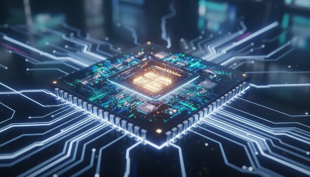 Glowing futuristic processor chip with blue and green lights