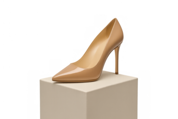 Elegant nude patent leather stiletto high heel shoe standing on a display block with transparent background