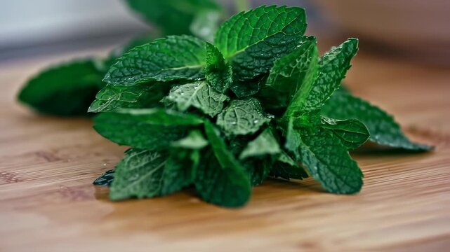 Close-Up Display of Fresh Mint Leaves on Wood Surface for Culinary Use