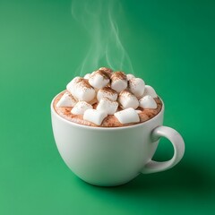 A warm cup of hot chocolate topped with marshmallows and a sprinkle of cocoa powder, emitting steam against a vibrant green background, perfect for cozy winter beverages
