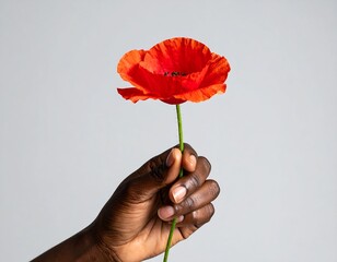 A dark-skinned hand offers a vibrant red poppy against a plain grey background