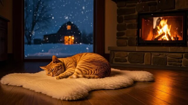 Cozy Orange Tabby Cat Sleeping Indoors by a Fireplace with Snowy Landscape Outside at Night