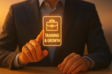 Training growth business development professional concept with glowing icon and businessman hand pointing on virtual screen