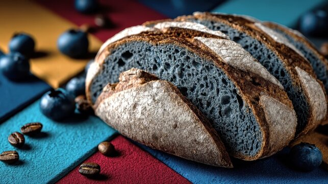 A loaf of bread with blueberries and coffee beans on top. The bread is cut into slices and is placed on a colorful background - Powered by Adobe