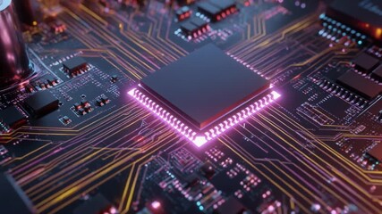 Futuristic glowing processor chip on circuit board technology